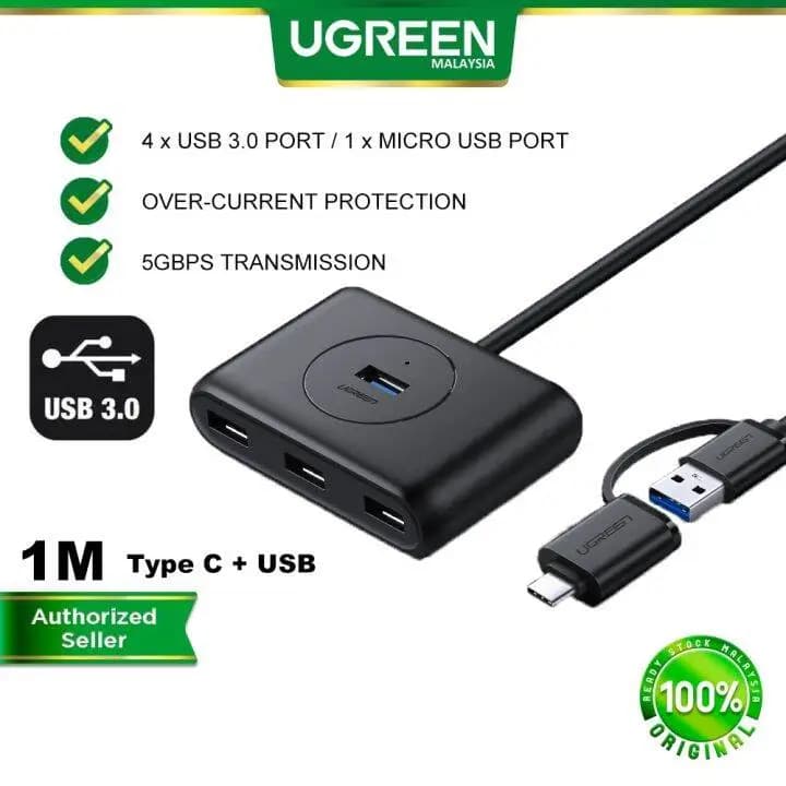 Ugreen USB 3.0 Hub With USB-C Port, 1m Cable Length, LED Indicator, Compatible with Windows 10/8/8.1/7/ Vista / XP and Mac OS...