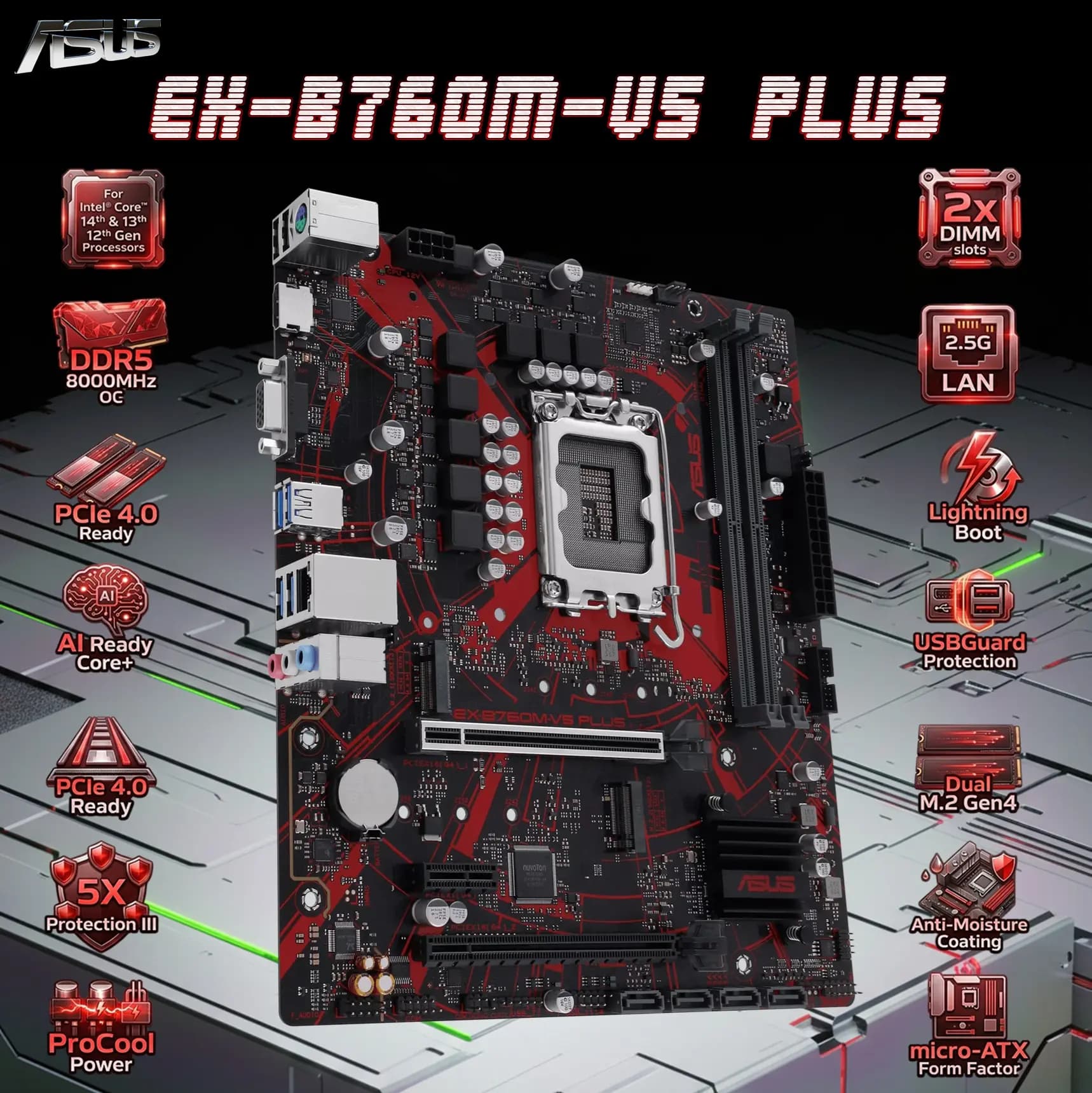 ASUS EXPEDITION EX-B760M-V5 PLUS DDR5 mATX Motherboard, 2x DDR5 8000MHz OC, LGA1700, PCIe 4.0, Dual M.2, 2.5Gb LAN