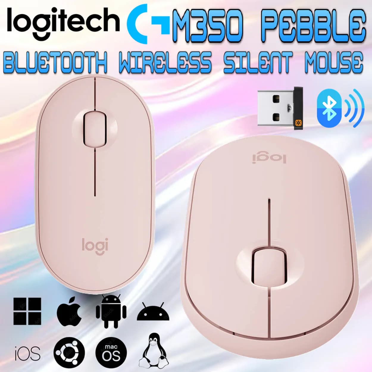 Logitech M350 Pebble Wireless Silent Mouse with Bluetooth or 2.4 GHz Receiver, Slim Computer Mouse with Quiet Clicks, for...