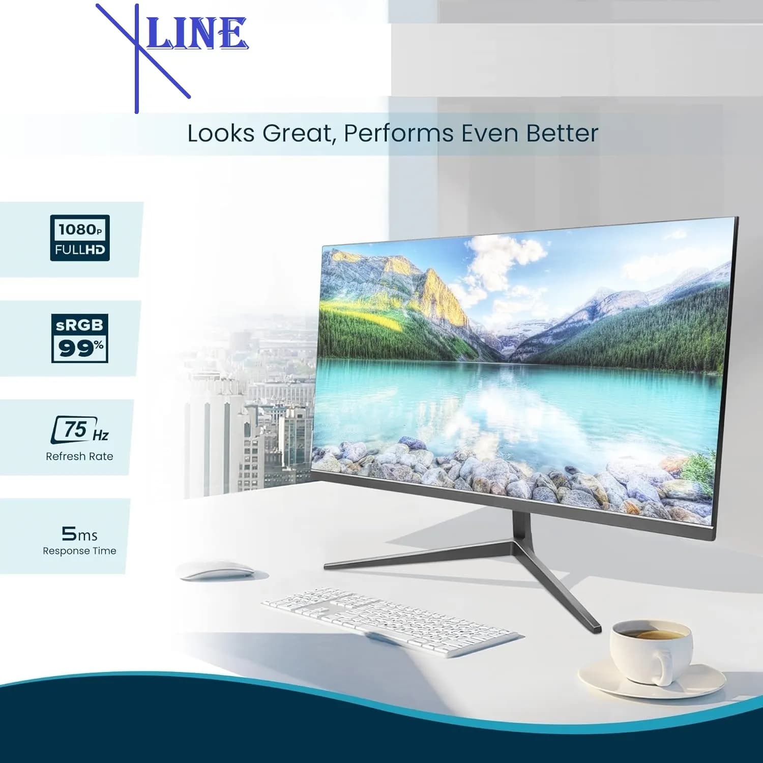 XLINE 24″ Monitor with Speakers, 75HZ Computer Monitor with 99% sRGB, Ultra-Slim Design Frameless