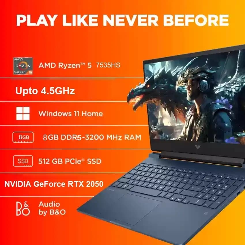 HP Victus 15-FB1013DX Gaming Laptop, AMD Ryzen 5 7535HS Upto 4.5GHz, 8GB RAM, 512GB SSD, NVIDIA GeForce RTX 2050, 15.6″ 144Hz