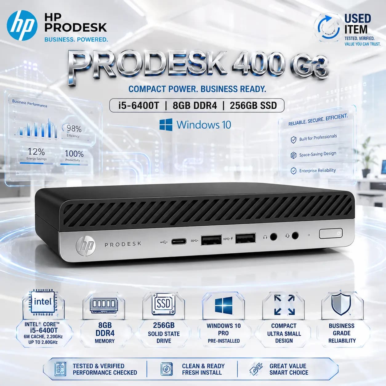 HP ProDesk 400 G3: i5-6400T, 8GB DDR4, 256GB SSD, Windows 10 | USED ITEM