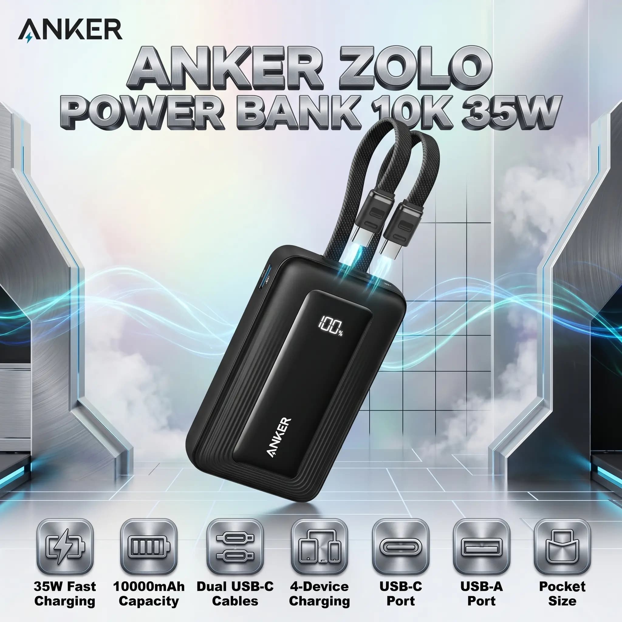Anker Zolo 10K 35W Power Bank, 10000mAh Portable Fast Charger, Dual Built-In USB-C Cables, 4-Device Charging, USB-C & USB-A Ports , Compact | Black