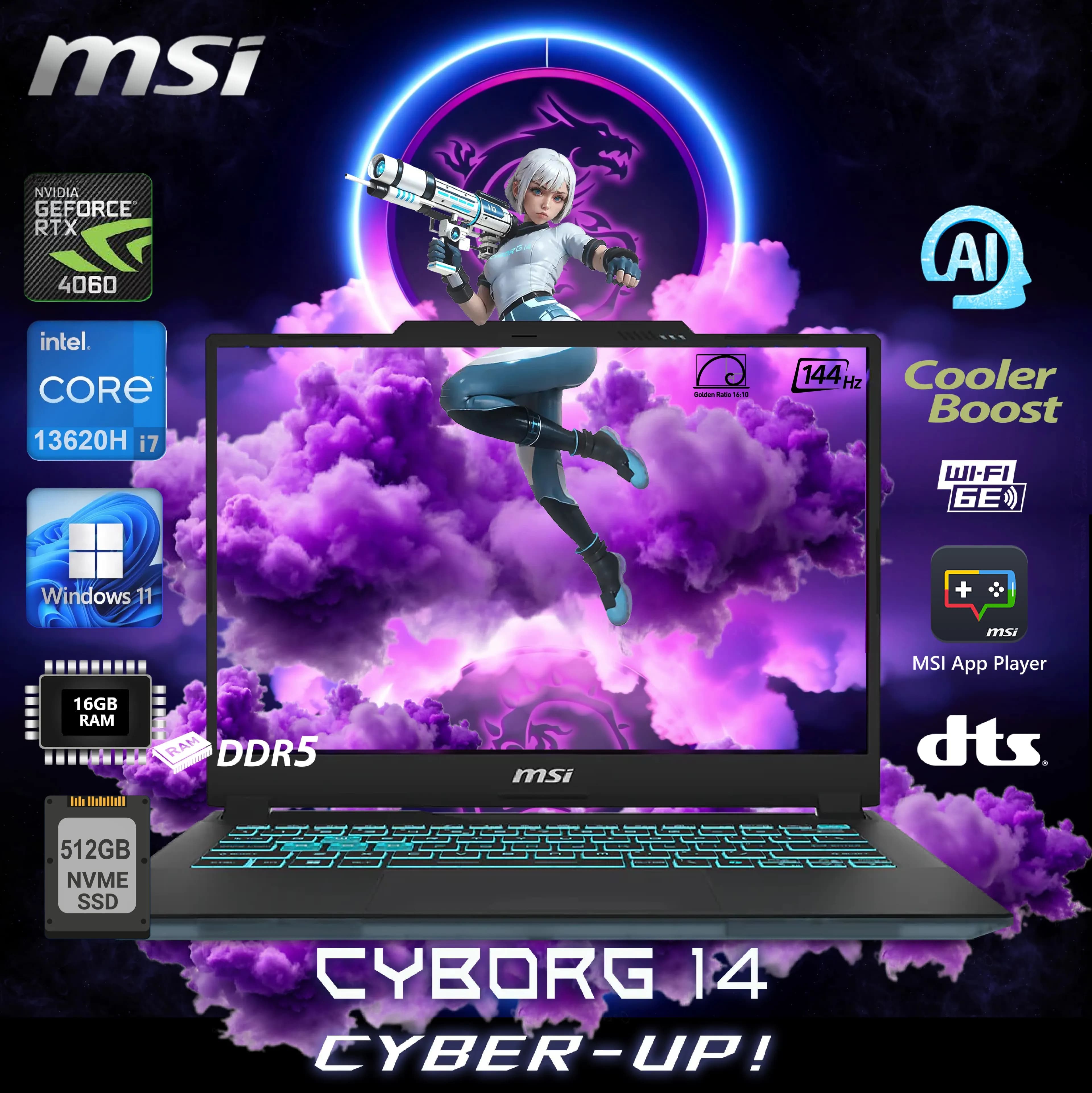 MSI Cyborg 14 A13VF Intel Core i7-13620H | 16GB DDR5 RAM; 512GB NVMe SSD | RTX 4060, 8GB | 14 inch IPS Display 144Hz