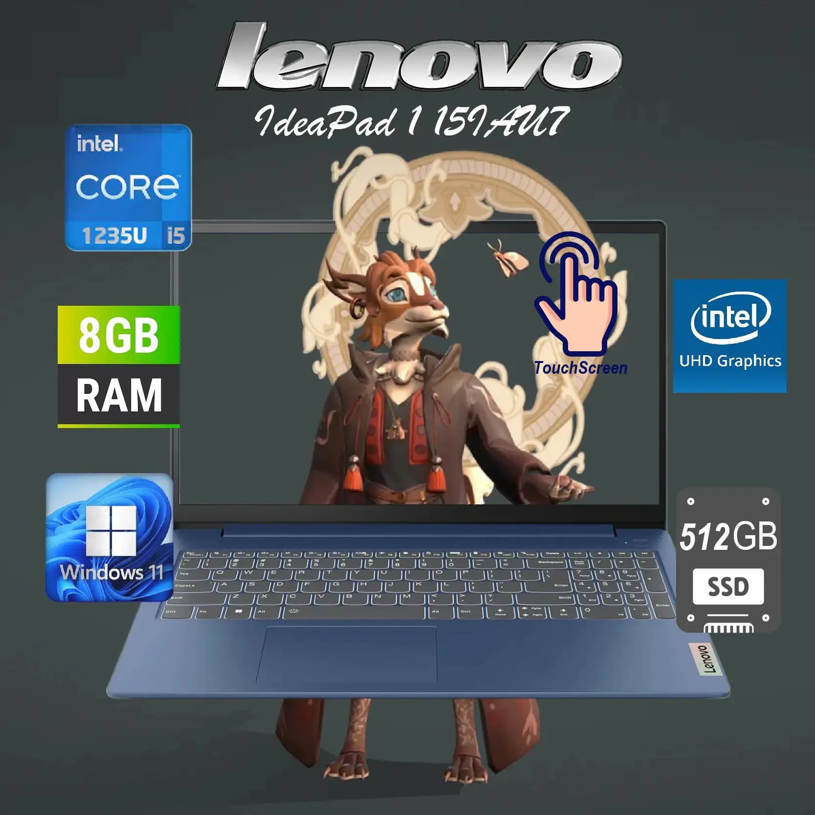 Lenovo IdeaPad 1 15IAU7 Intel Core i5-1235U | 8 GB RAM DDR4, 512GB SSD NVMe | TouchScreen 15.6 Inch FHD IPS Display