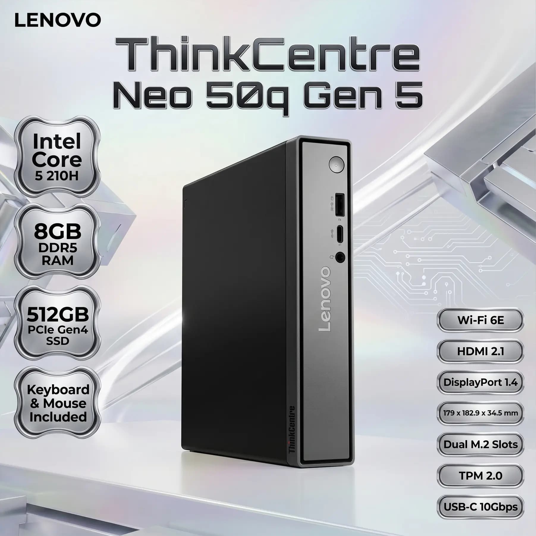 Lenovo ThinkCentre Neo 50q Gen 5 Tiny PC: Intel Core 5 210H | 8GB DDR5 RAM, 512GB SSD NVMe | Intel Graphics | DOS
