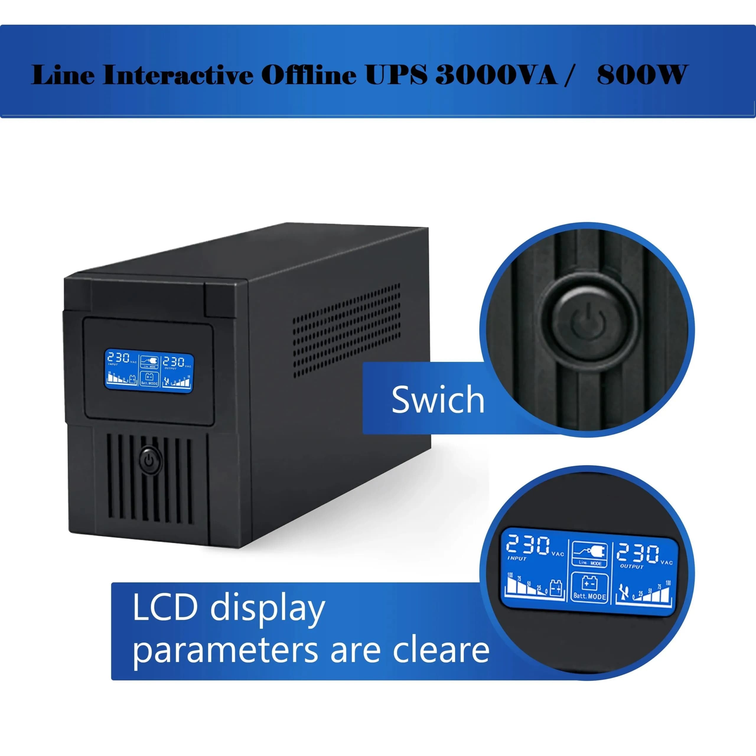 Line Interactive Uninterruptible Power Supply Offline UPS 3000VA / 800W, 12V 9Ah*2 with a Fanโ LED Light