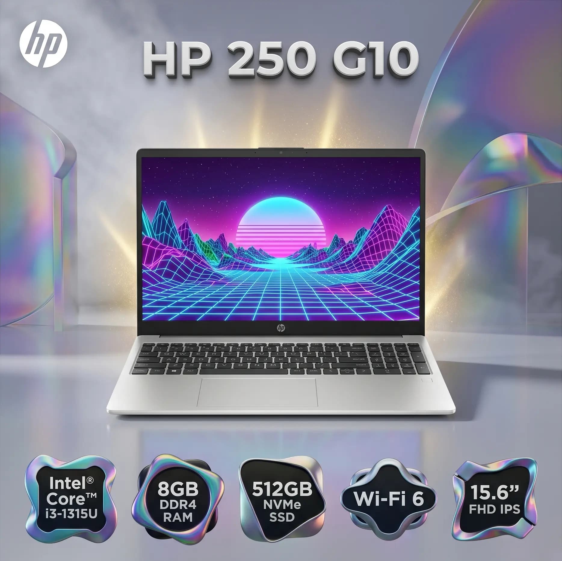 HP 250 G10: Intel Core i3-1315U | 8GB DDR4 RAM; 512GB NVMe SSD | UHD Graphics | 15.6-inch FHD Display | DOS | Turbo silver
