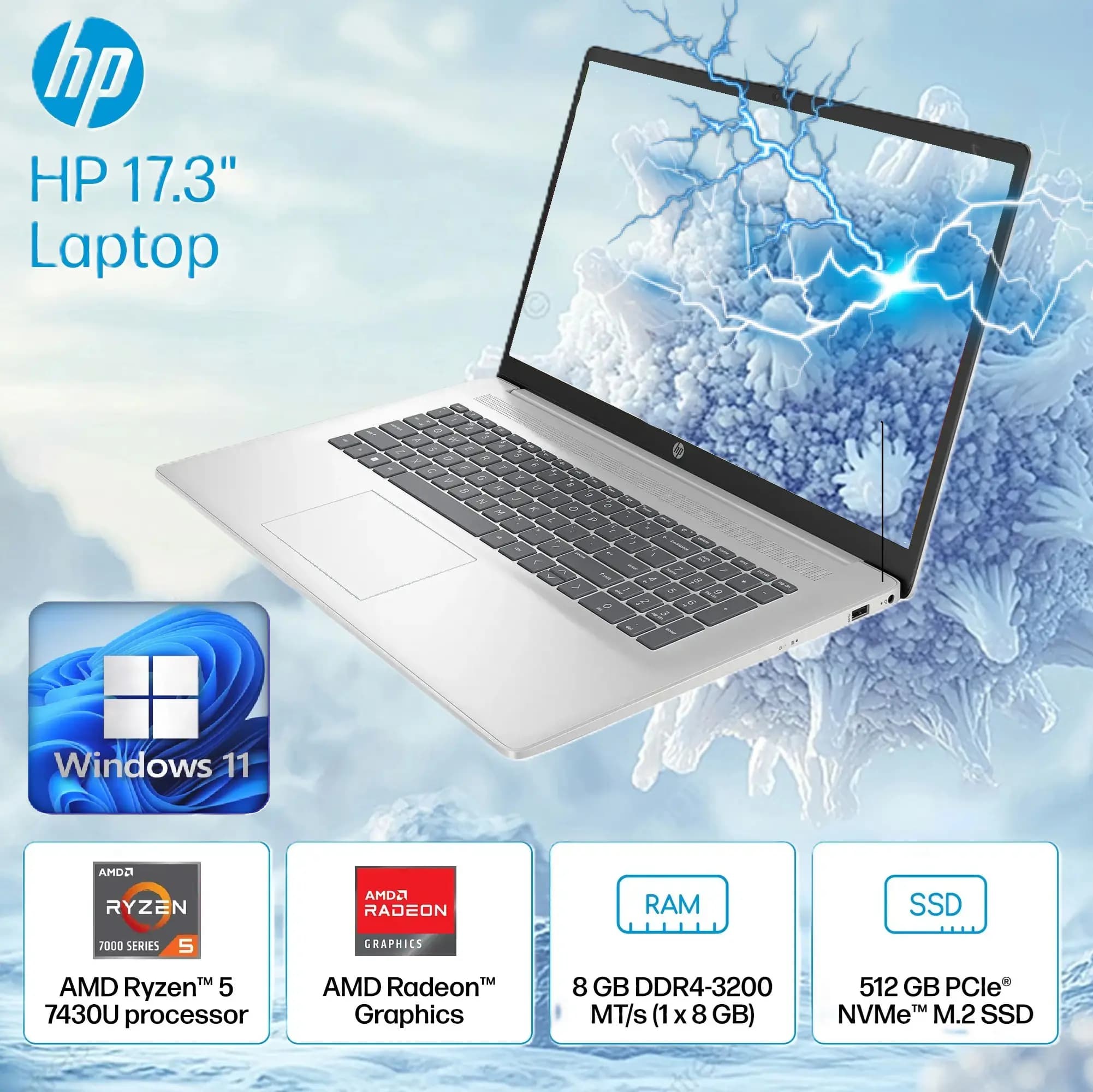 HP 17-cp3005dx Series: AMD Ryzen 5 7430U | 8GB DDR4 RAM; 512GB NVMe SSD | AMD Radeon Graphics | 17.3 inch FHD IPS Display