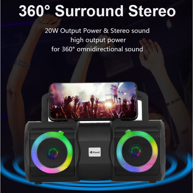 Kisonli K1 Portable Bluetooth 5.0 Bass Stereo Speaker | 9 RGB Light Modes