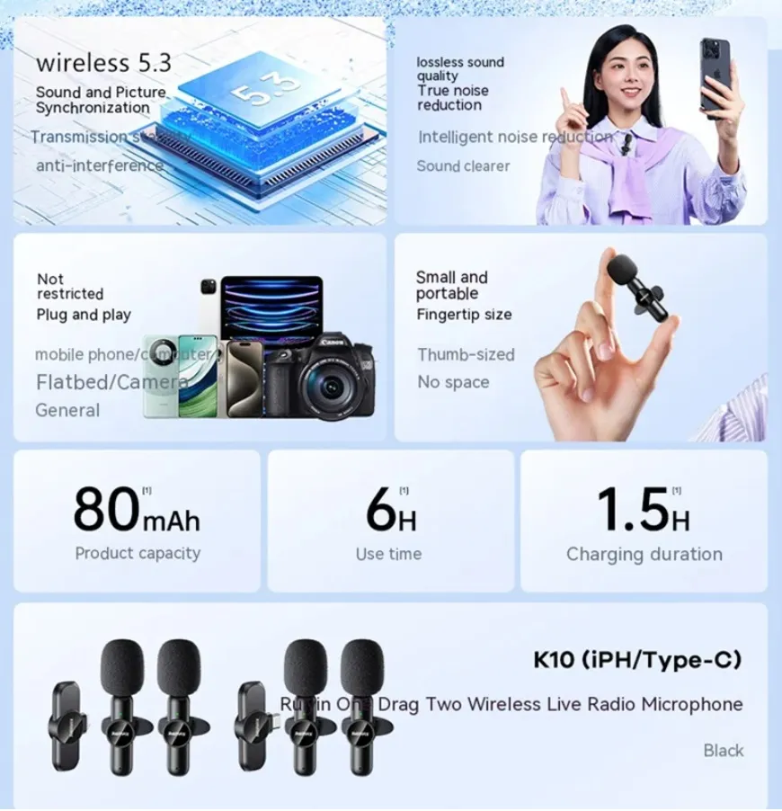 REMAX K10 2.4GHz Wireless Lavalier Microphone Lightening Connector One-to-Two Live-Stream Voice Recording True Noise Reduction... 4
