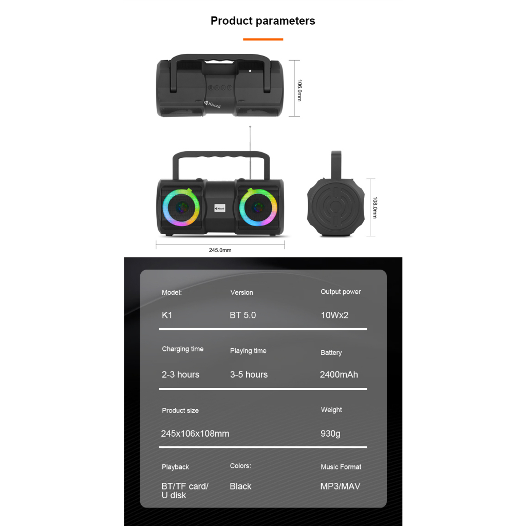 Kisonli K1 Portable Bluetooth 5.0 Bass Stereo Speaker | 9 RGB Light Modes 6