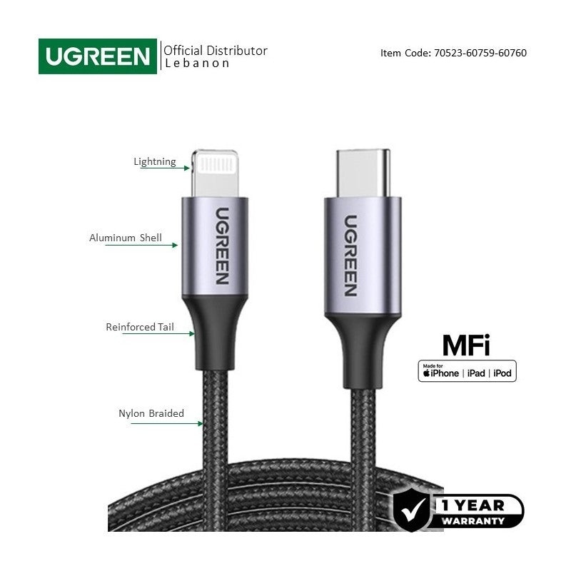 CABLE UGREEN US304 60759 USB-C TO LIGHTNING 1M ALU/BRAIDED