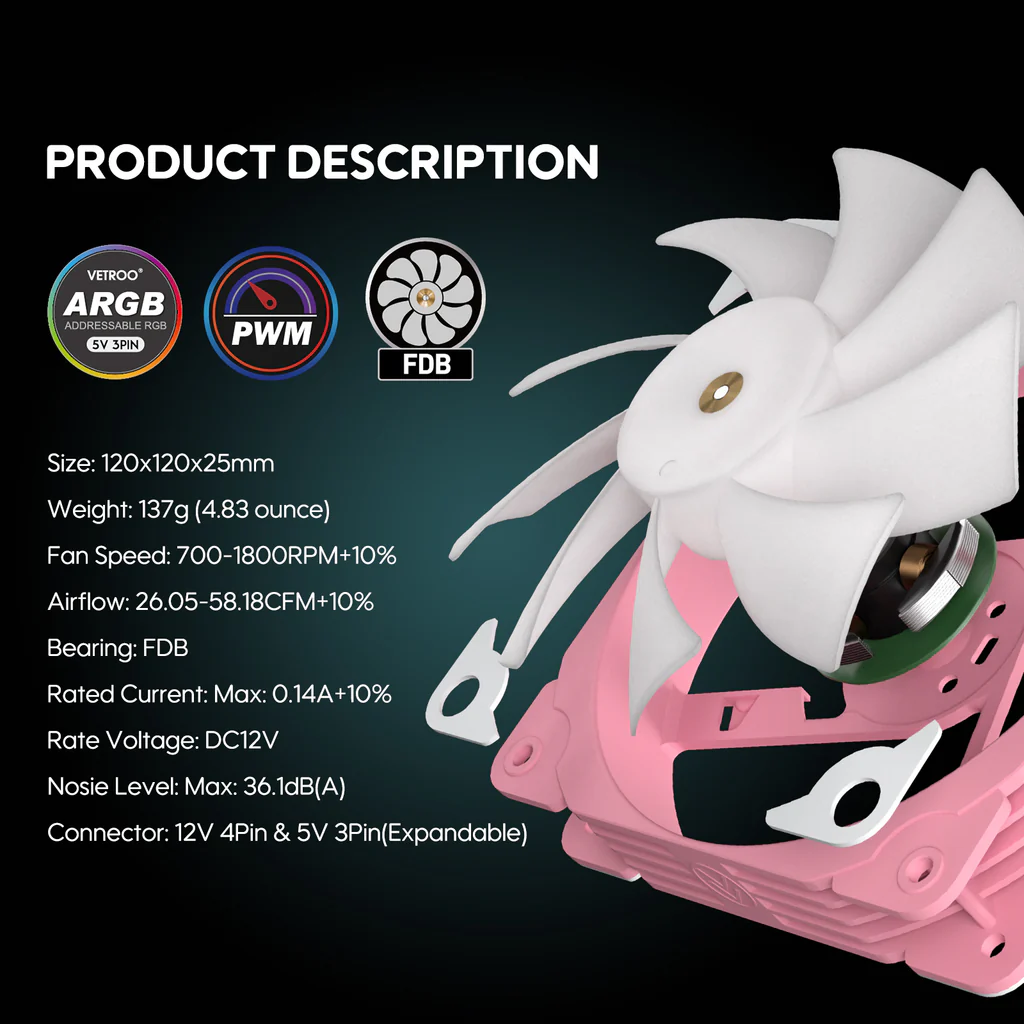 FAN ARGB ASP1 PINK 12CM 3