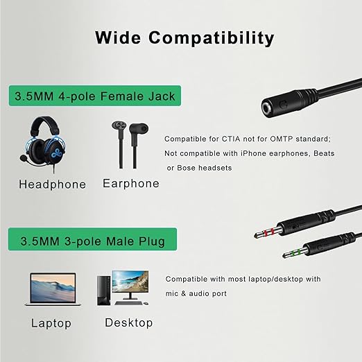 3.5mm Audio Splitter Cable AUX to AUX & Mic for Gaming 2