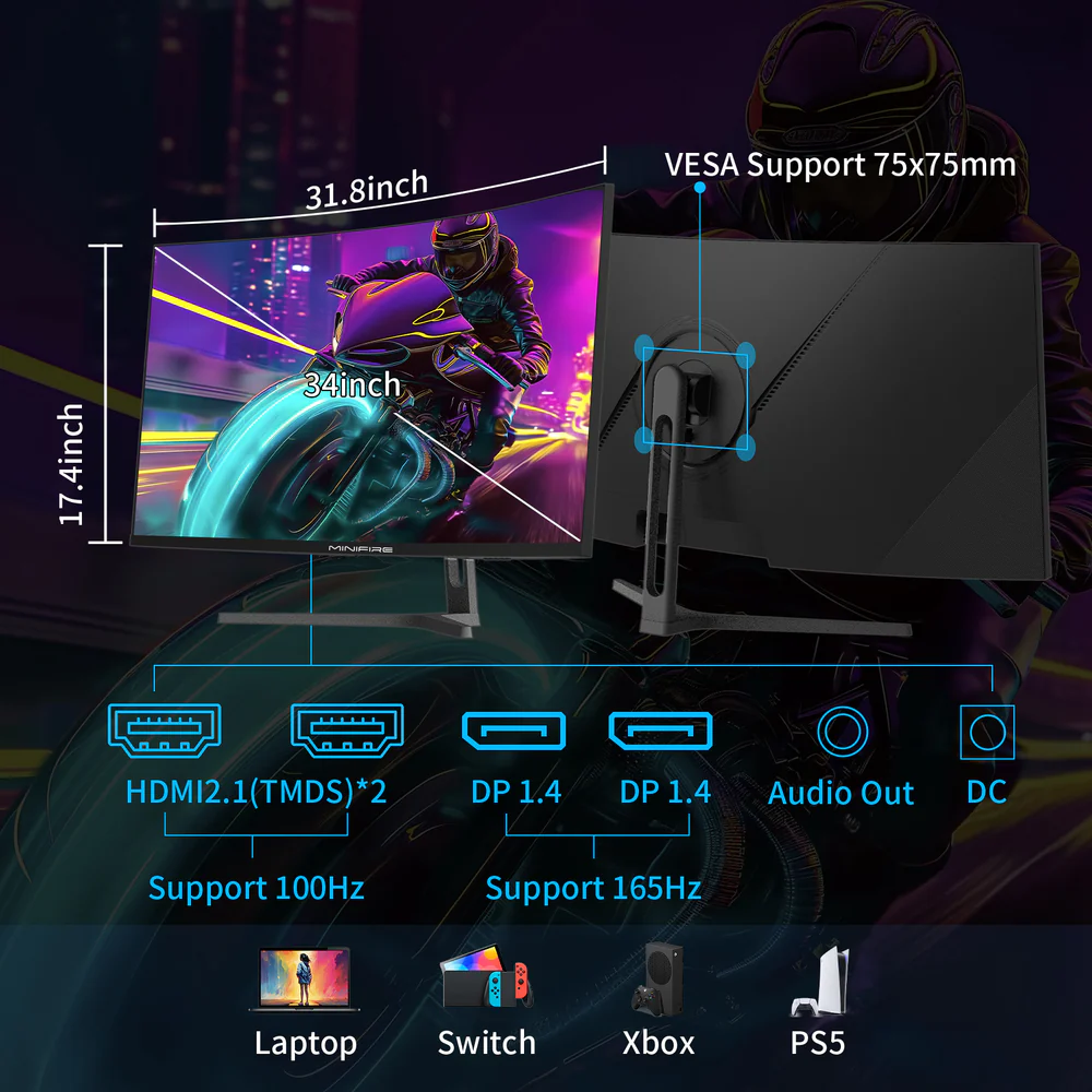 MINIFIRE MFG34C5Q 34-Inch Curved Gaming Monitor, WQHD, HDMI + DP - Image 8