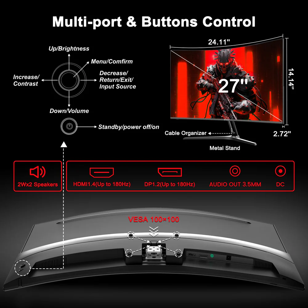 MINIFIRE MFG27C1 27” Curved FHD Monitor – 180Hz, HDMI + DP - Image 2