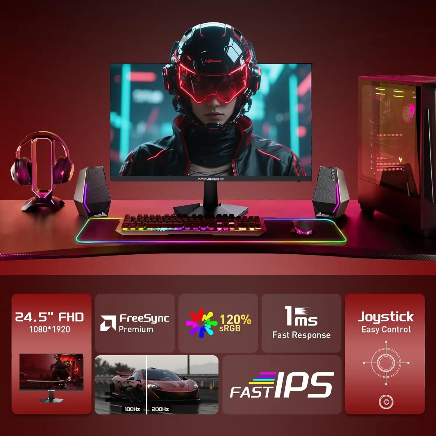 MINIFIRE MFG24X1 24” FHD Monitor – 200Hz, HDMIx2 + DP, Speakers - Image 2